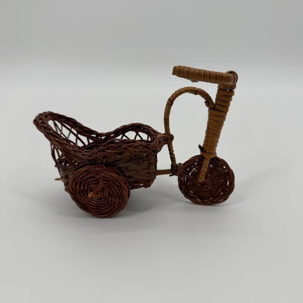 Miniature Wicker Tricycle Basket Plant Holder Brown Woven Rattan Decor 4x5 Inch